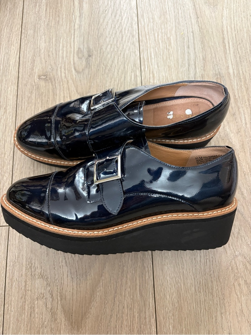 Halogen Navy Patent Leather Monk Strap Platform Loafers Oxford Shoes 8M